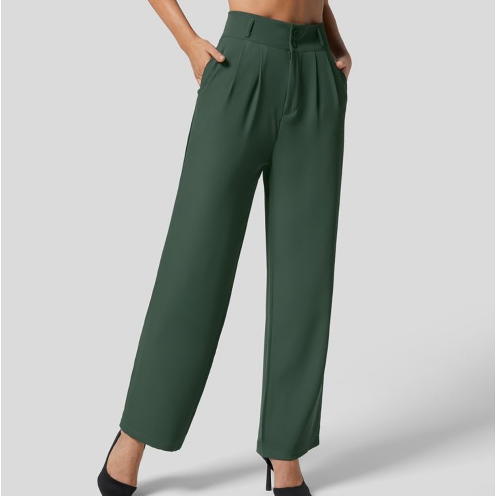 NWT HALARA High Waisted Button Zipper Plicated Side Pocket Shirred Straight Leg